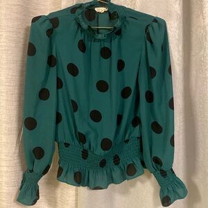 Juniors Meraki Green & Black Polka Dot Long Sleeve Blouse - Size Small